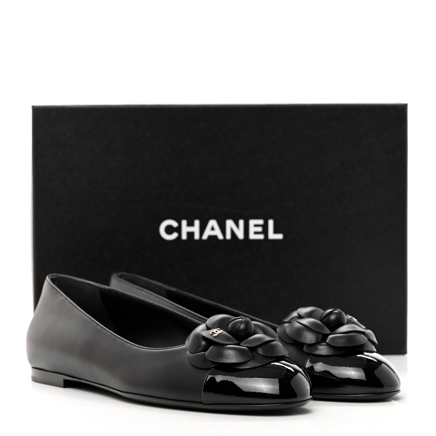 Lambskin Patent Cap Toe Camellia Ballerina Flats 41 Black