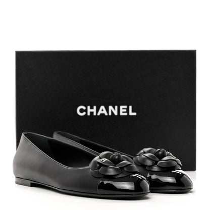 Chanel Lambskin Patent Cap Toe Camellia Ballerina Flats 41 Black 9 of 9