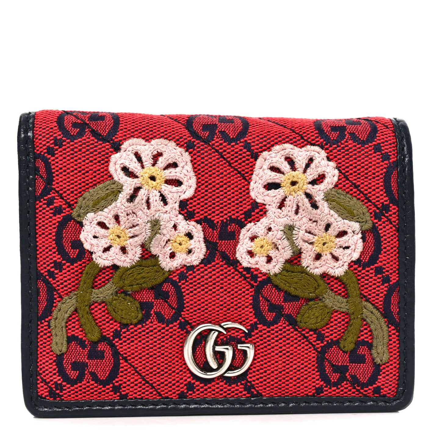 Monogram Multicolor Matelasse Diagonal Floral Embroidered  GG Marmont Card Case Wallet Red Blue Multicolor