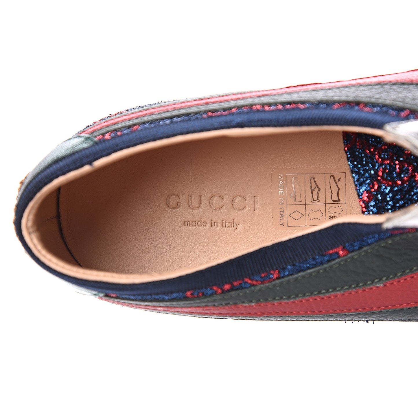 Lurex Calfskin Web GG Monogram Womens Falacer Sneakers 37.5 Iridescent Blue Iridescent Red Silver