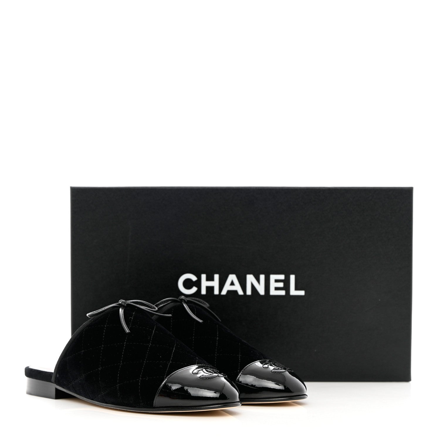 Chanel Velvet Patent Quilted Cap Toe Womens CC Mules 36.5 Black 11 of 11