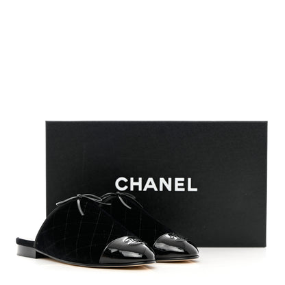 Chanel Velvet Patent Quilted Cap Toe Womens CC Mules 36.5 Black 11 of 11