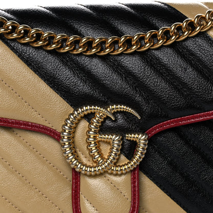 Gucci Vintage Effect Calfskin Matelasse Diagonal Striped Small Torchon GG Marmont Shoulder Bag Black Beige 9 of 13