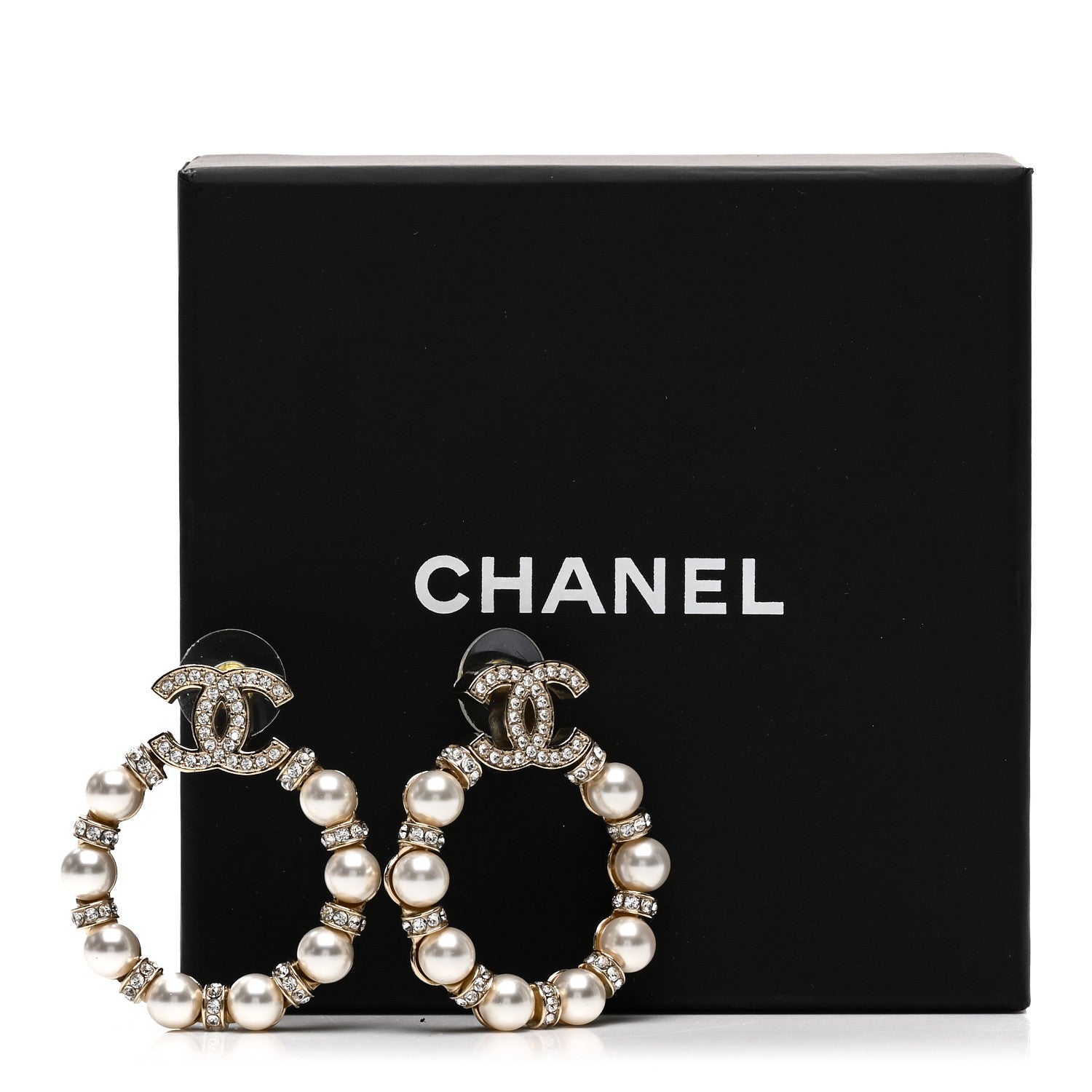 Chanel Pearl Crystal Nefertiti CC Drop Earrings Gold 5 of 5