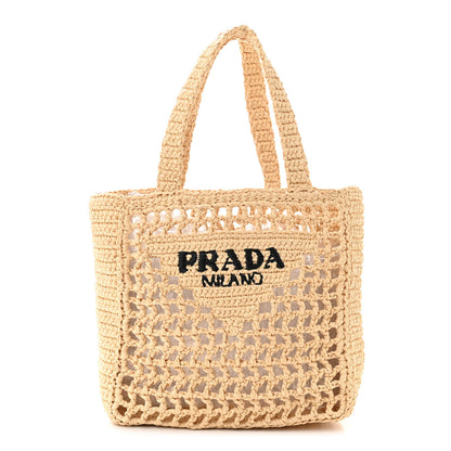 Prada Yarn Raffia Effect Crochet Logo Embroidered Small Tote Bag Naturale 1 of 9