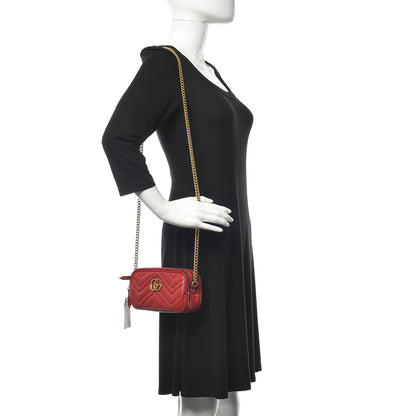 Gucci Calfskin Matelasse Mini GG Marmont Chain Crossbody Bag Hibiscus Red 2 of 13
