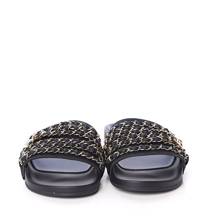 Chanel Satin Canvas Chain Slides Sandals Flats 39 Marine 2 of 7