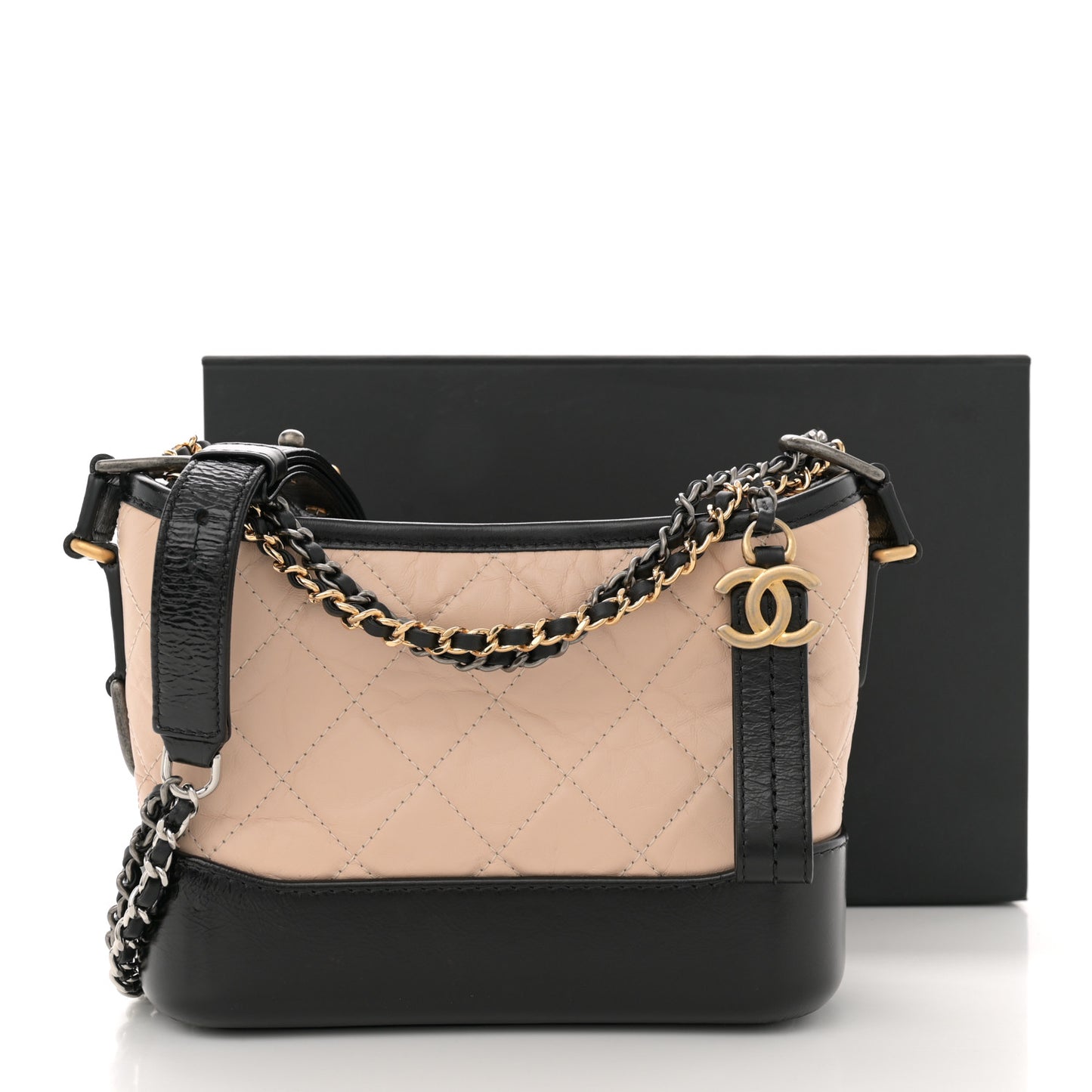 Aged Calfskin Quilted Small Gabrielle Hobo Beige Black