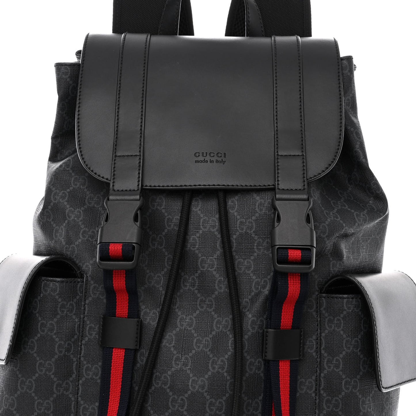 Soft GG Supreme Monogram Calfskin Web Double Buckle Backpack Black