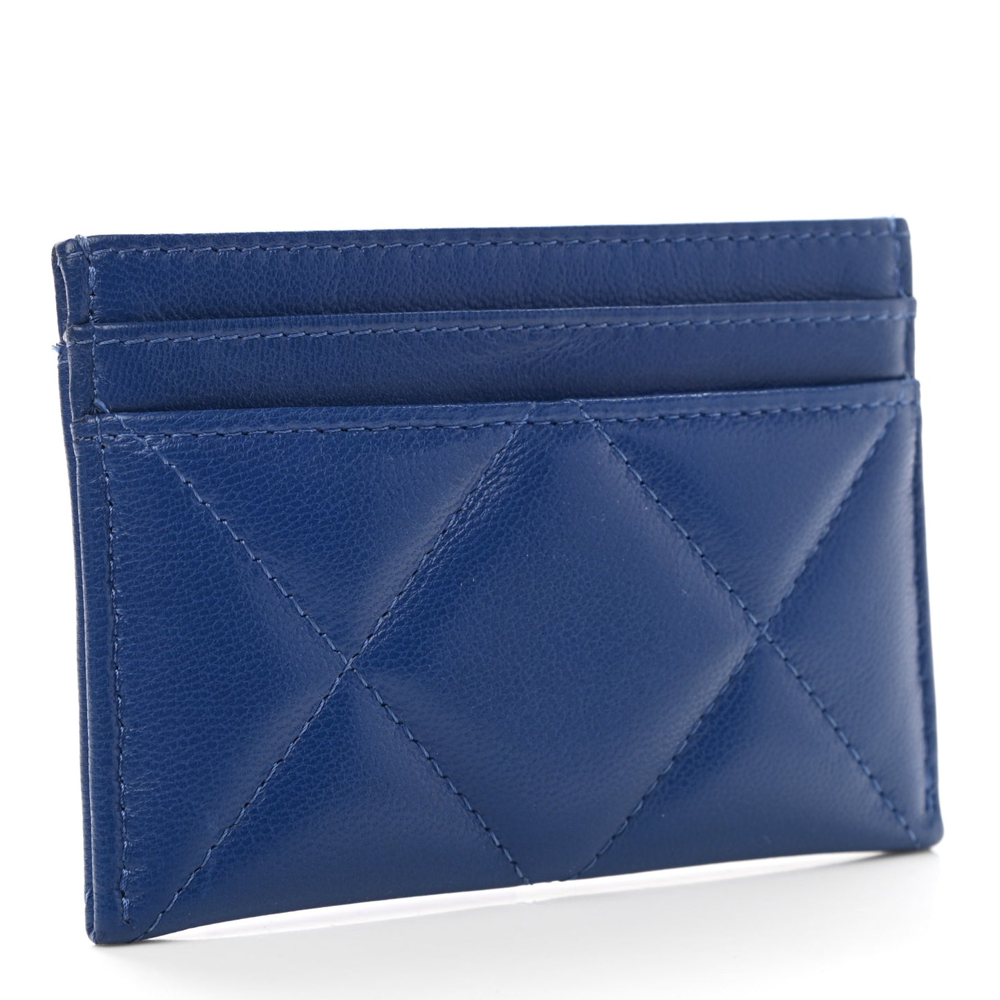 Shiny Goatskin Quilted Chanel 19 Card Holder Dark Blue