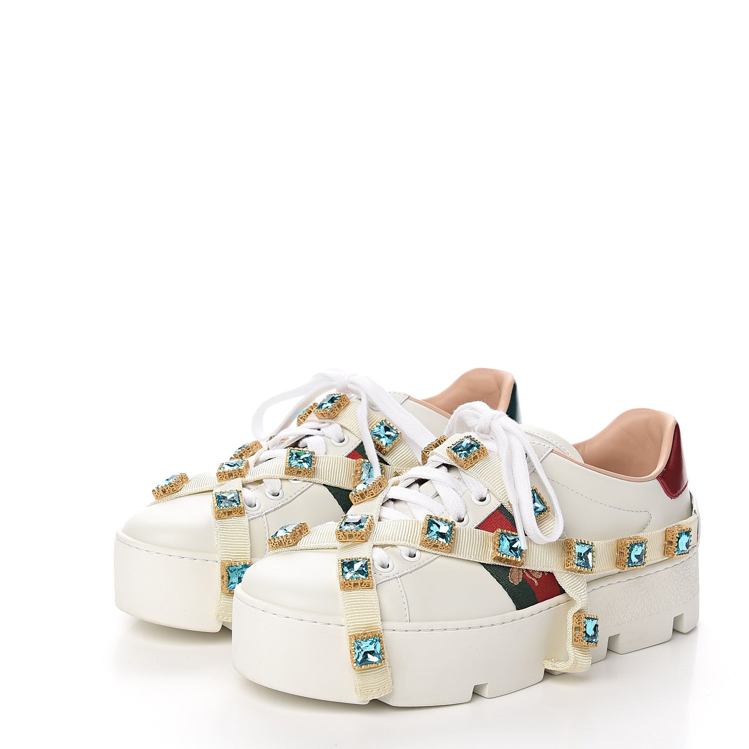 Gucci Calfskin Removable Crystals Bee Embroidered Ace Platform Sneakers 37 White 3 of 9