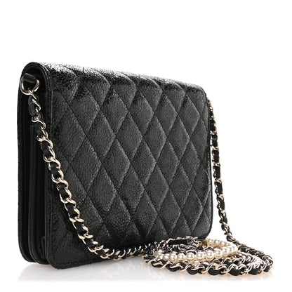 Chanel Crackled Patent Calfskin Quilted Pearl Wallet On Chain WOC Black 3 of 13