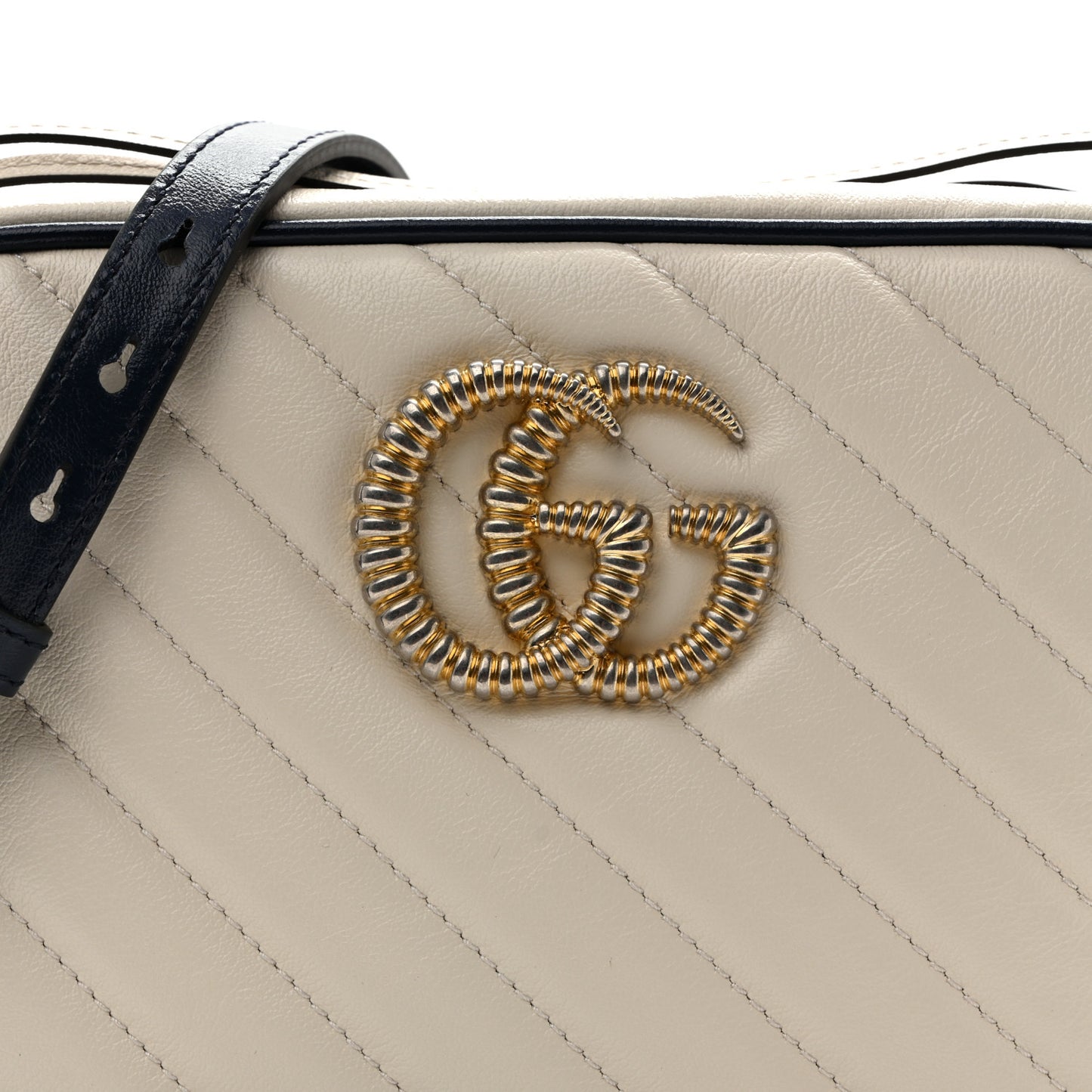 Vintage Effect Calfskin Matelasse Diagonal Small Torchon GG Marmont Chain Shoulder Bag Mystic White Blue Agata