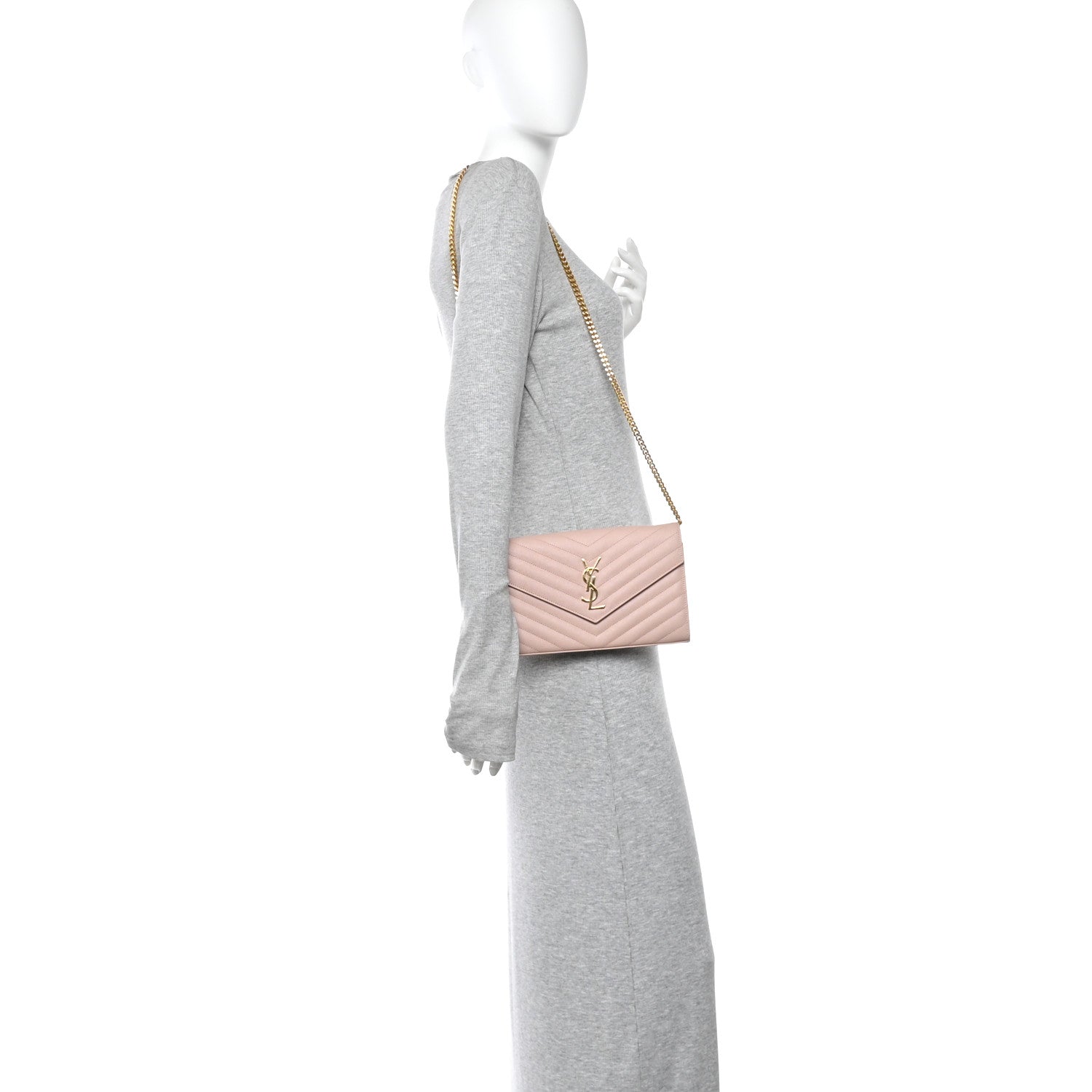 Saint Laurent Grain De Poudre Matelasse Chevron Monogram Chain Wallet Pale Pink 2 of 9
