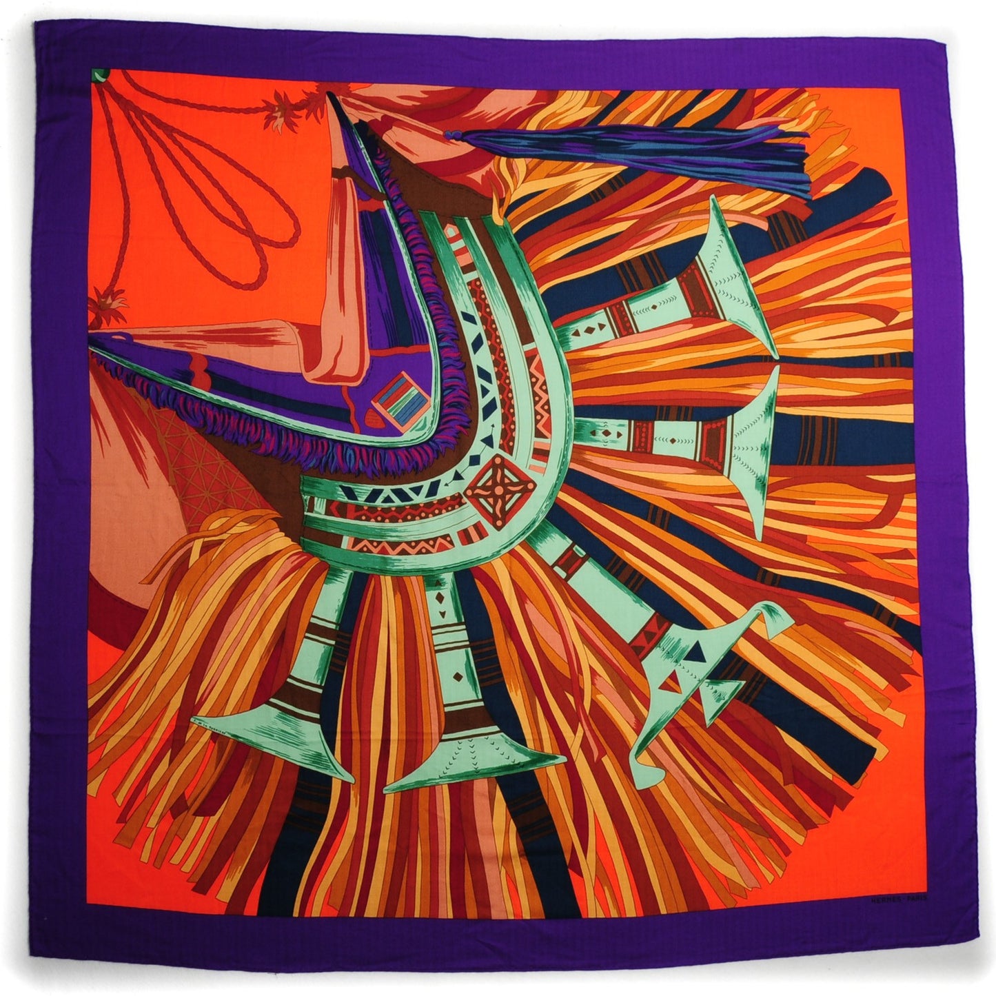Cashmere Silk Cuirs Du Desert II Shawl 140 Violet Corail Vert Amande