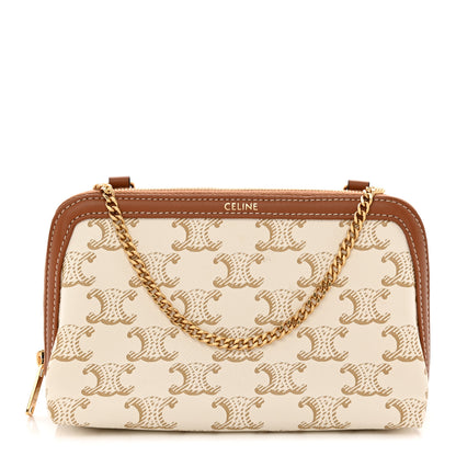 Celine Lambskin Triomphe Canvas Clutch With Chain  White Tan 1 of 10