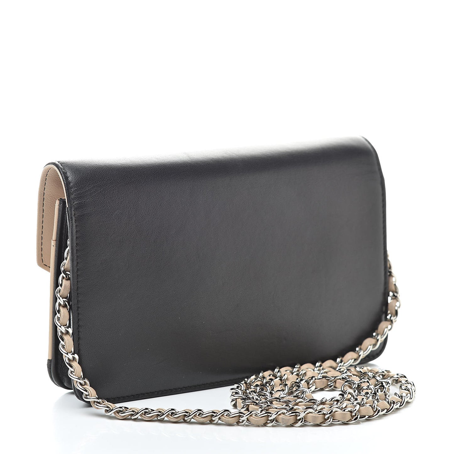 Metallic Lambskin Chevron Wallet On Chain WOC Black Beige
