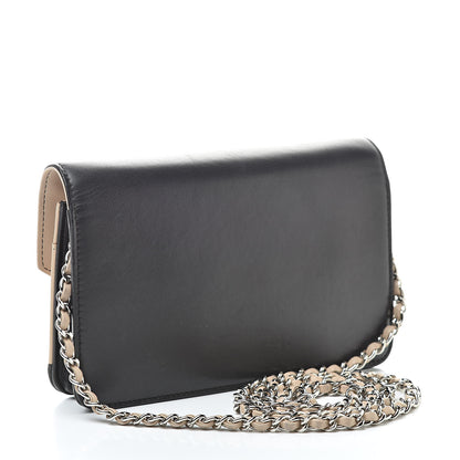 Chanel Metallic Lambskin Chevron Wallet On Chain WOC Black Beige 3 of 15