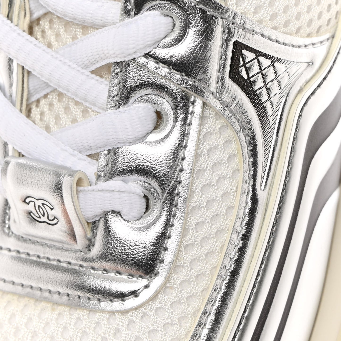 Fabric Laminated Calfskin Stretch CC Sneakers 37 White Silver