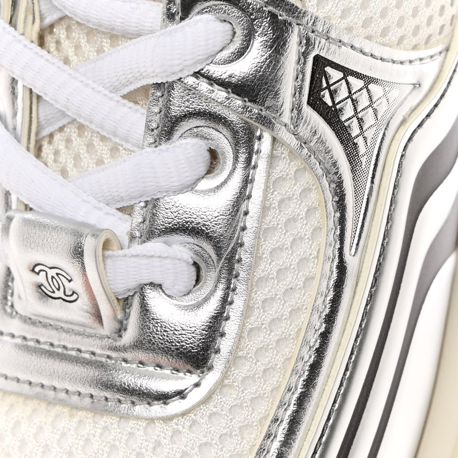 Chanel Fabric Laminated Calfskin Stretch CC Sneakers 37 White Silver 9 of 10
