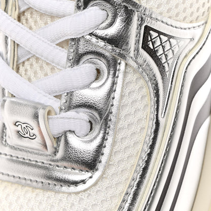 Chanel Fabric Laminated Calfskin Stretch CC Sneakers 37 White Silver 9 of 10