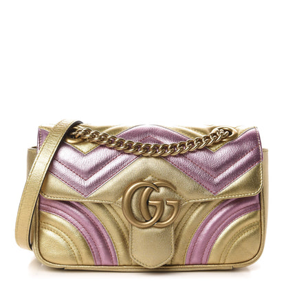 Gucci Metallic Calfskin Matelasse Mini GG Marmont Shoulder Bag Gold Pink 1 of 11
