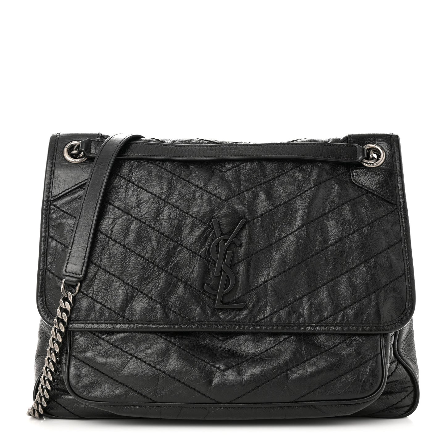 Crinkled Calfskin Matelasse Monogram Large Niki Chain Satchel Black