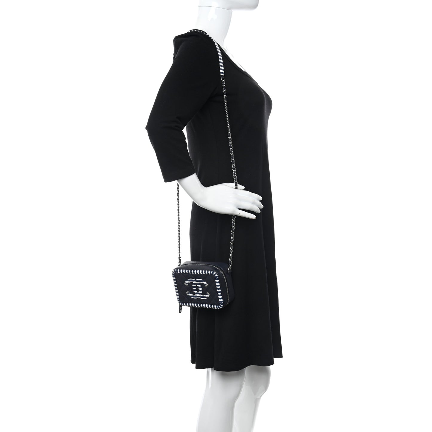 Caviar Quilted Striped Filigree Vanity Clutch With Chain Navy White