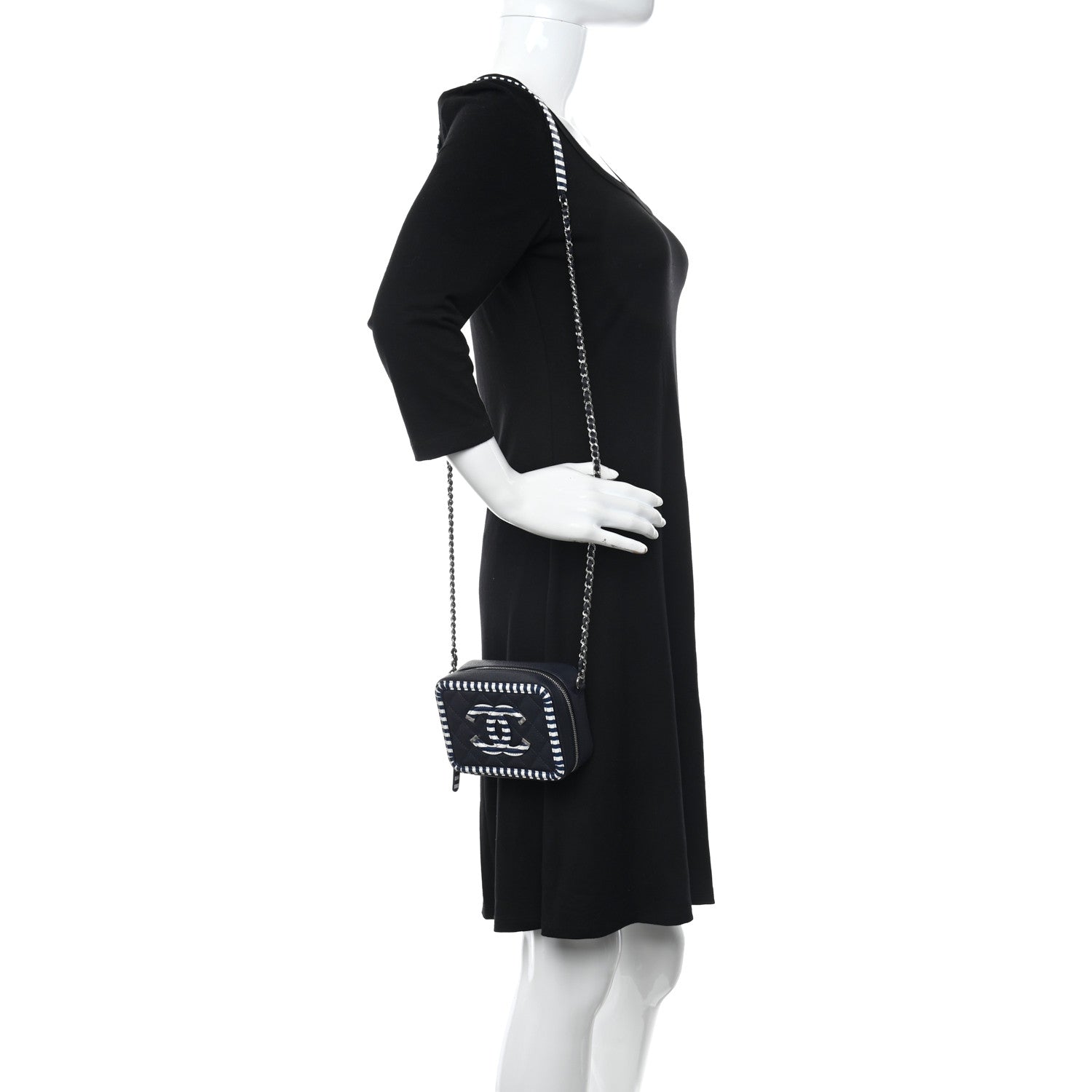 Chanel Caviar Quilted Striped Filigree Vanity Clutch With Chain Navy White 2 of 10
