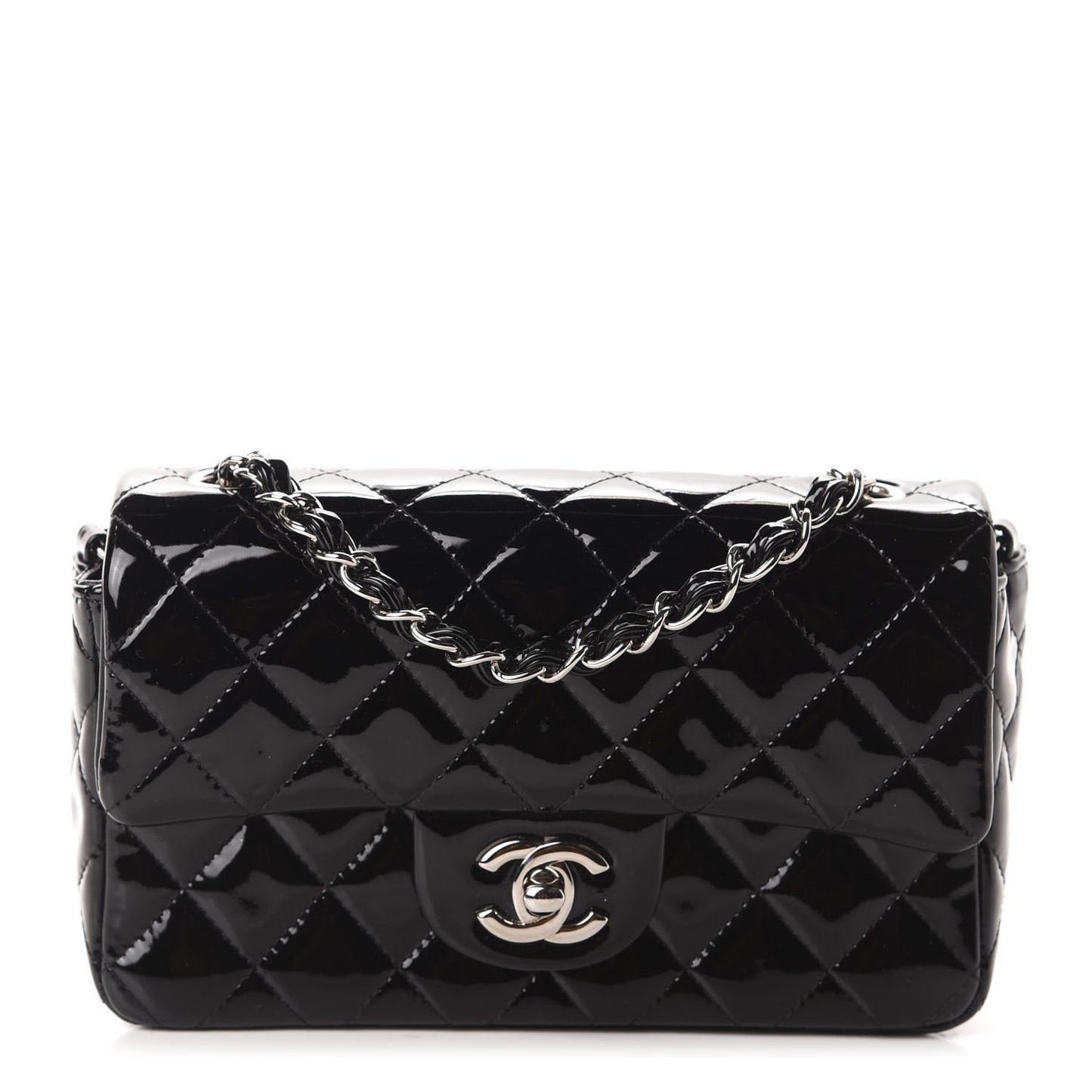 Patent Calfskin Quilted Mini Rectangular Flap Black