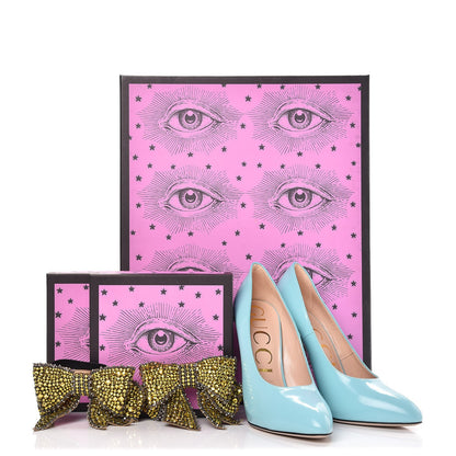 Gucci Regent Calfskin Crystal Removable Bow Elaisa Platform High Heel Pumps 37.5 New Aquamarine 9 of 9