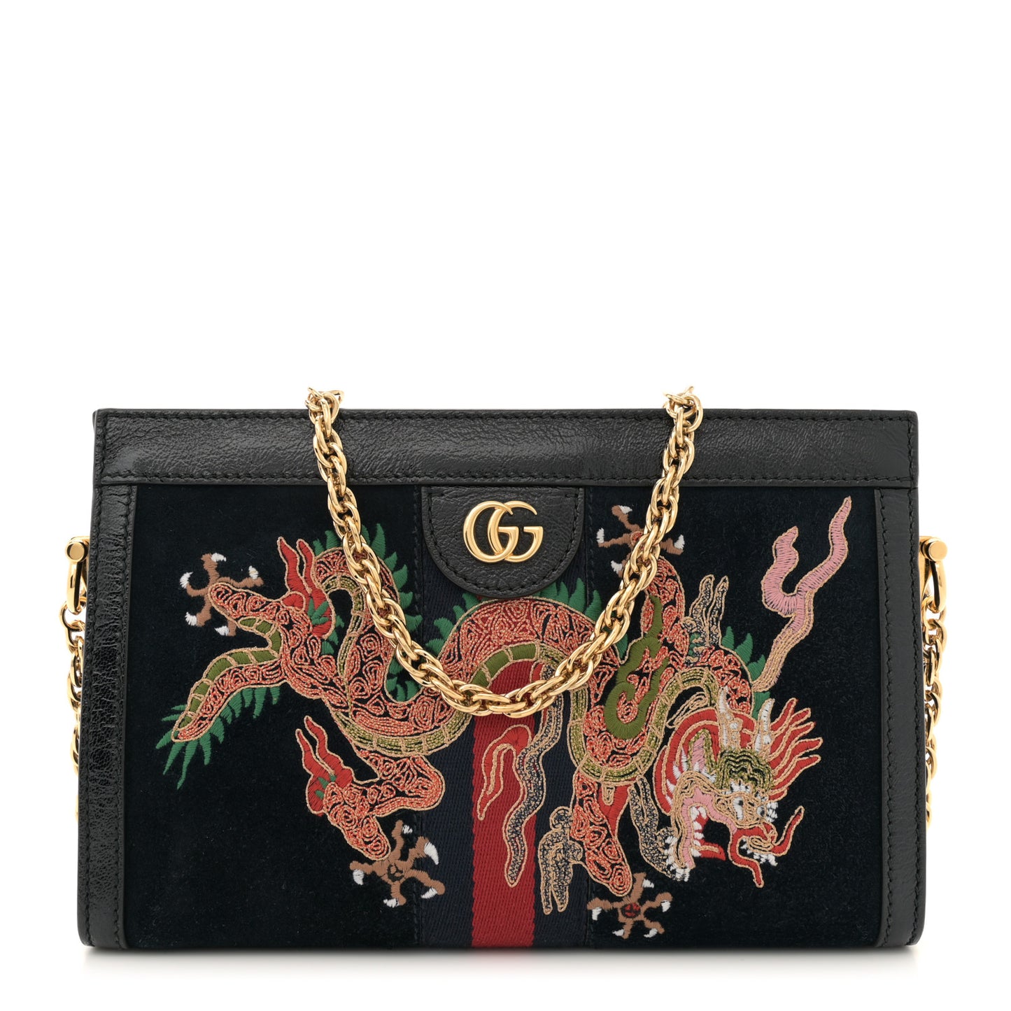 Suede Patent Web Dragon Embroidered Small Ophidia Chain Shoulder Bag Blue Black