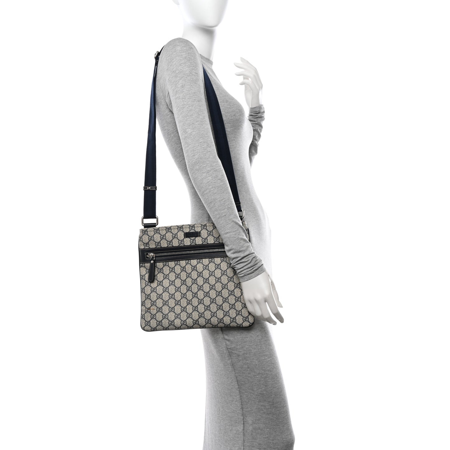 GG Supreme Monogram Small Flat Side Zip Messenger Bag Beige Blue