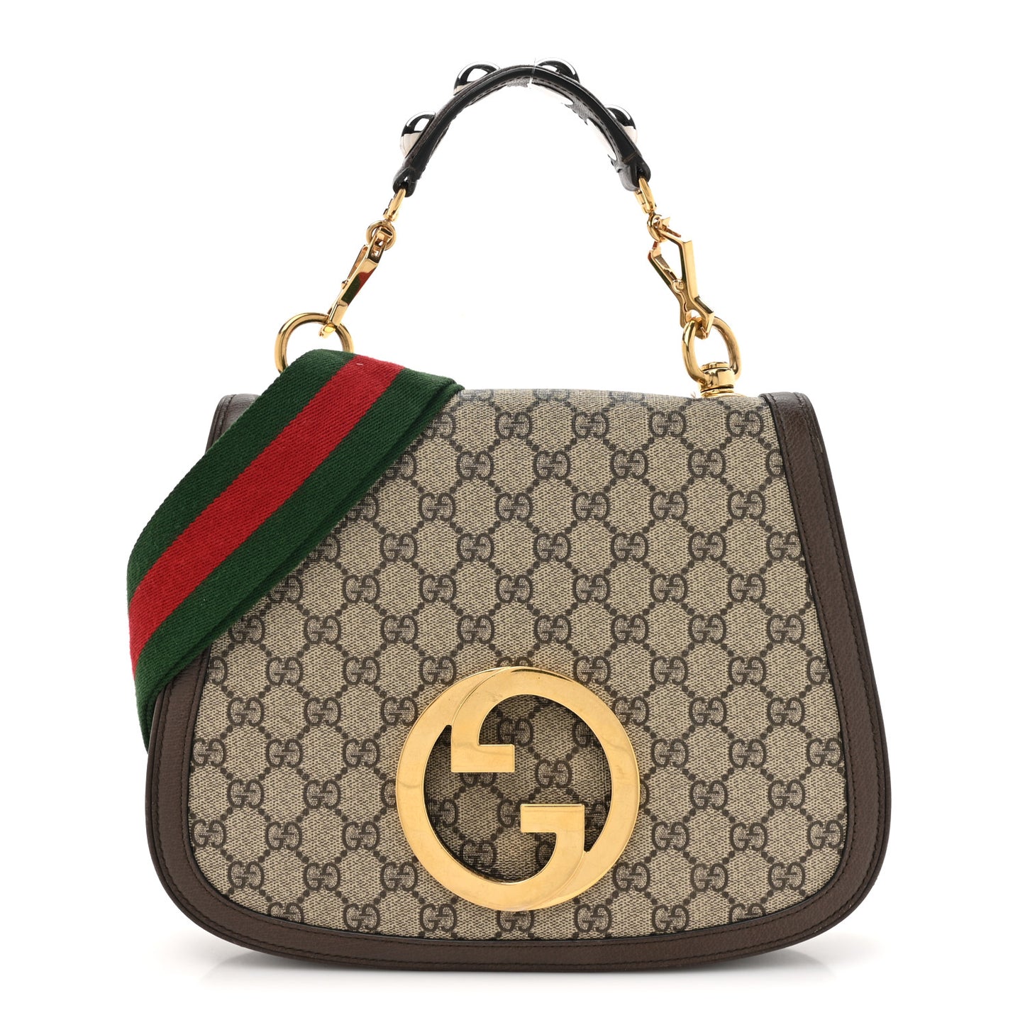 GG Supreme Monogram Textured Dollar Calfskin Web Medium Blondie Top Handle Shoulder Flap Bag Beige Ebony New Acero