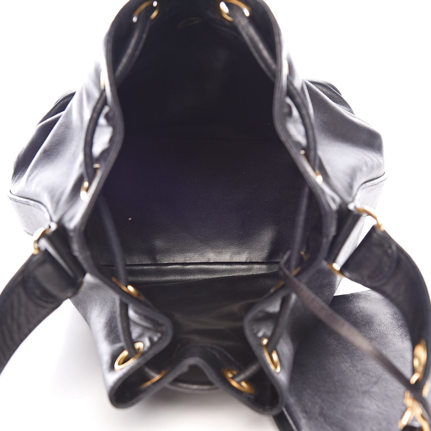 Lambskin CC Stitched Drawstring Bucket Bag Black