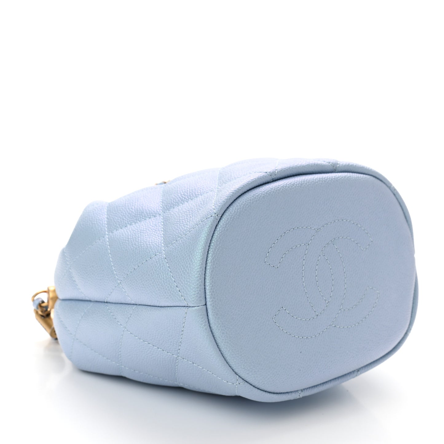 Iridescent Caviar Quilted My Perfect CC Bucket Drawstring Bag Light Blue