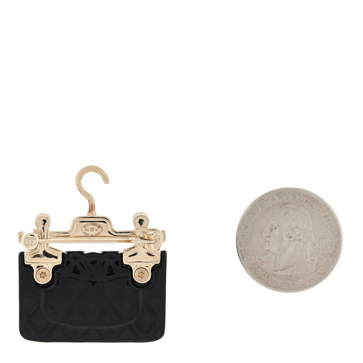 Chanel Metal Enamel Quilted Flap Hanger Brooch Gold Black 2 of 3