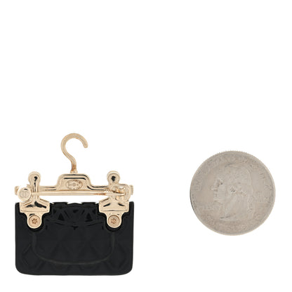 Chanel Metal Enamel Quilted Flap Hanger Brooch Gold Black 2 of 3