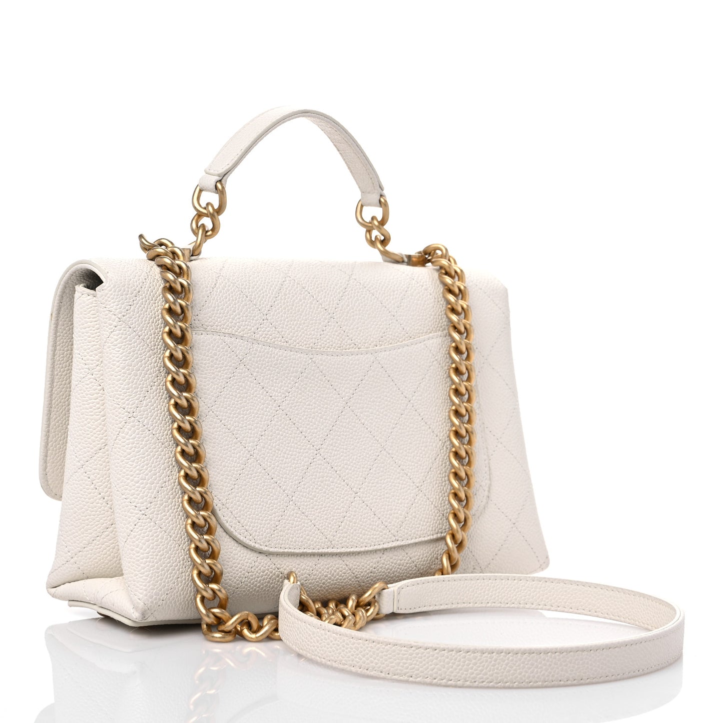Caviar Diamond Stitched Small Top Handle Flap White