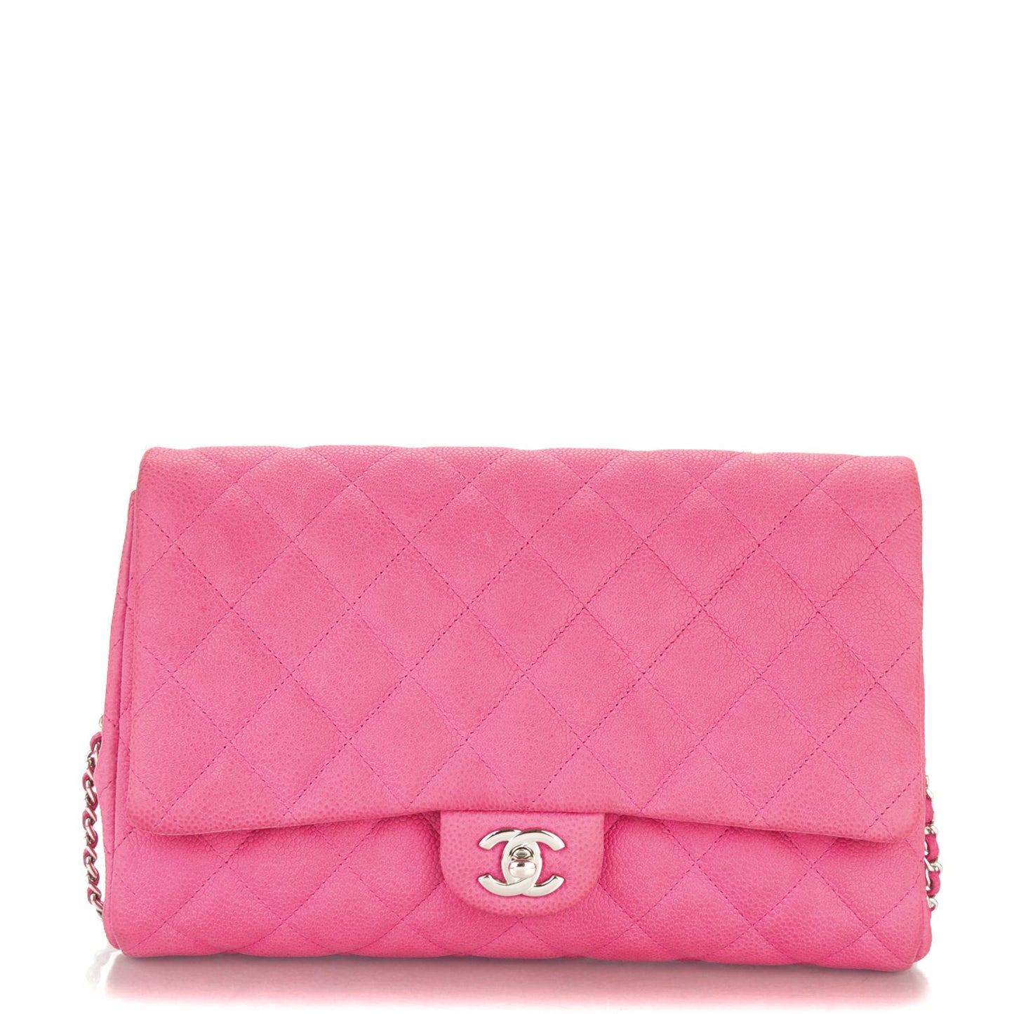 Iridescent Caviar Clutch with Chain Flap Pink