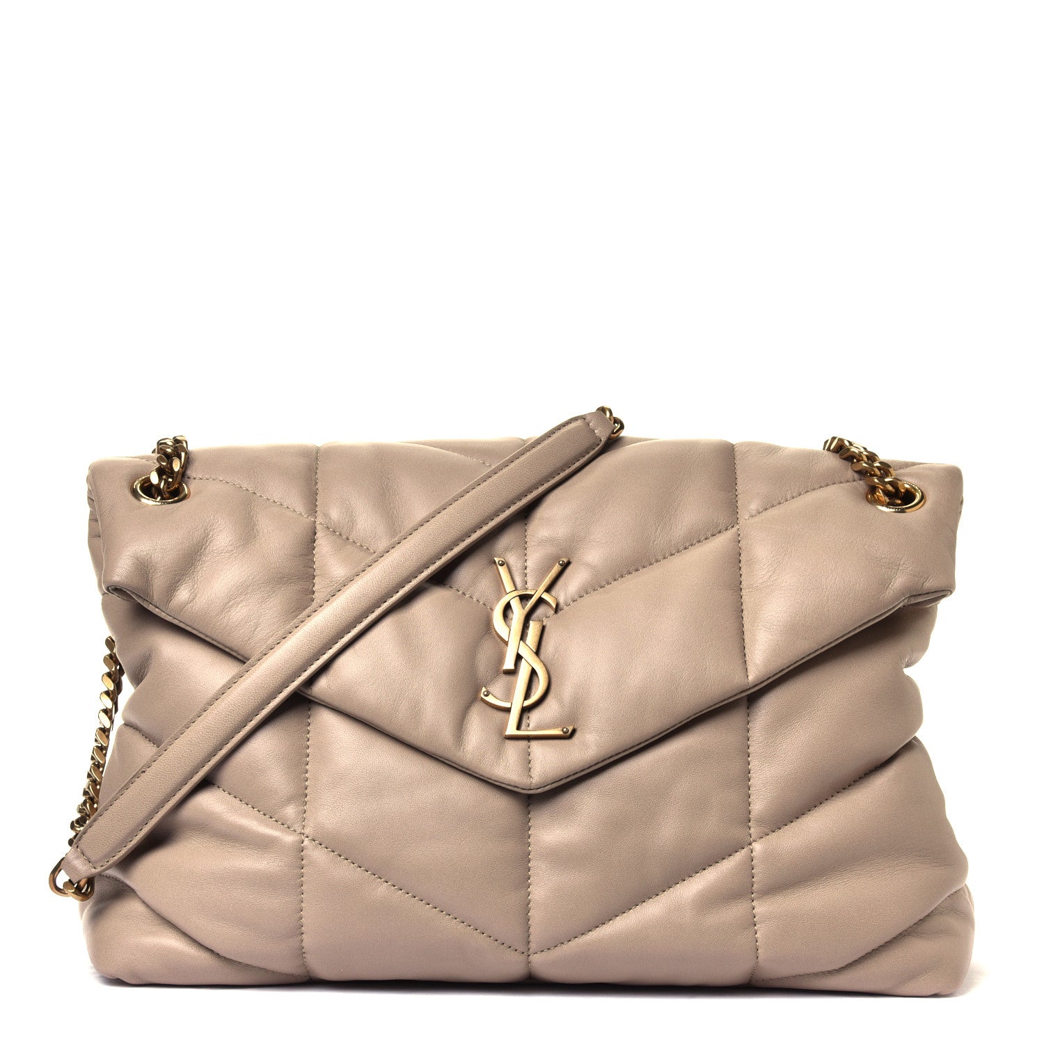 Saint Laurent Lambskin Quilted Medium Loulou Puffer Monogram Chain Satchel Dark Beige 1 of 4