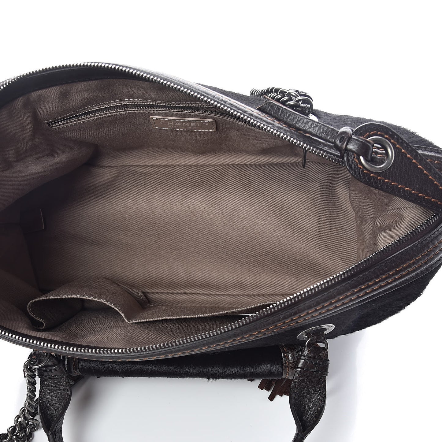 Calfskin Pony Hair Fringe Bowling Bag Brown
