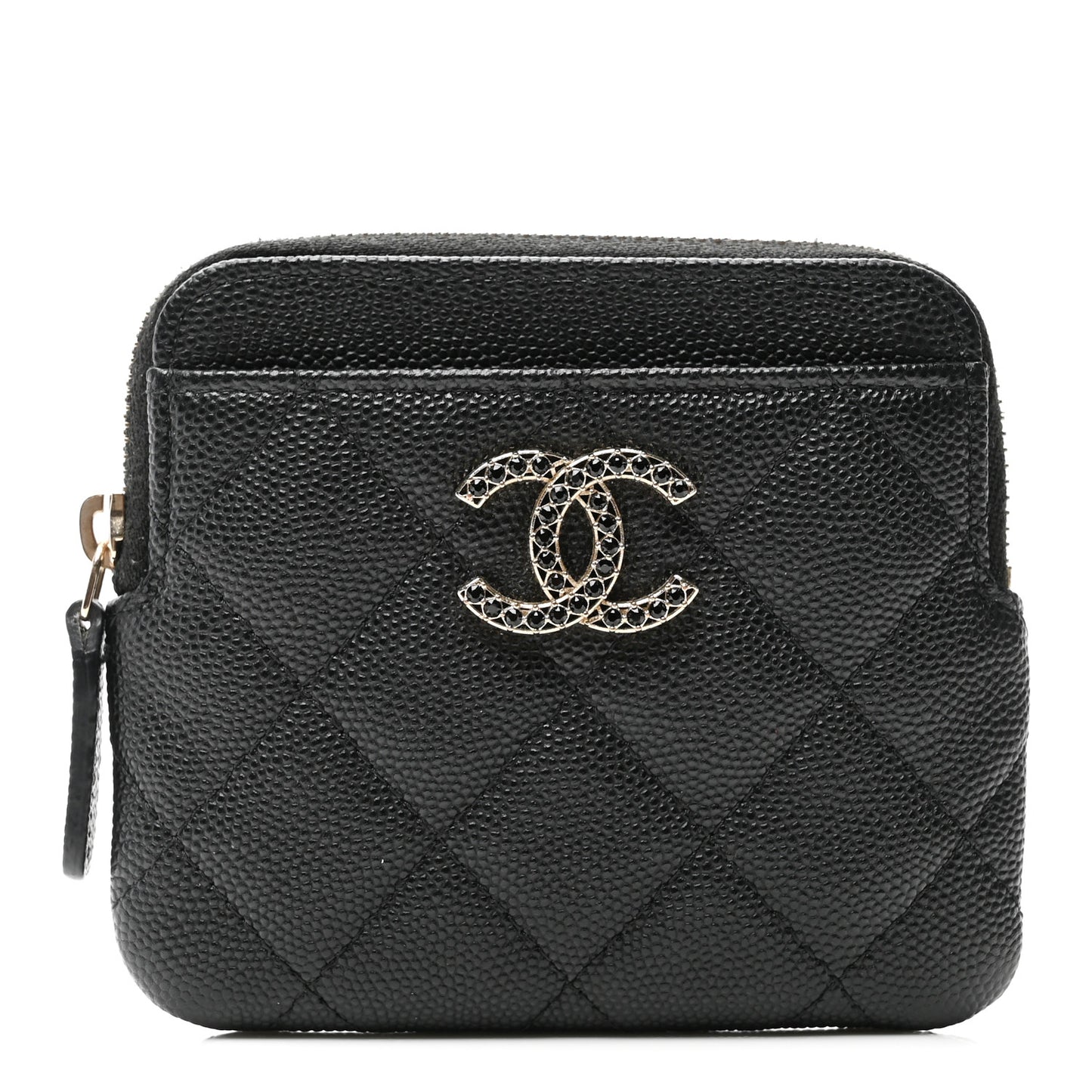 Caviar Quilted Crystal Zip Card Holder Wallet Black