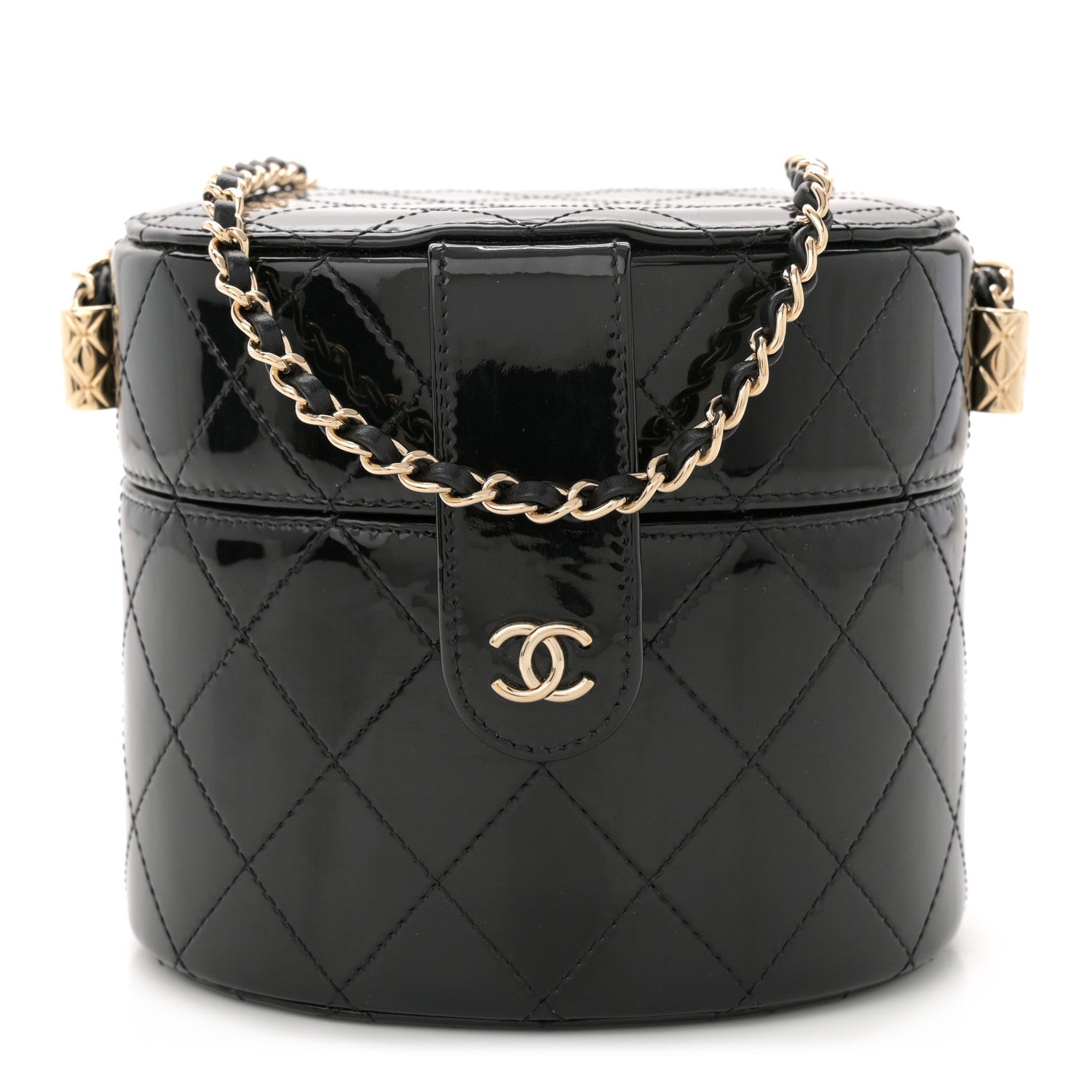 Chanel Patent Quilted Round Clutch With Chain Black 1 of 10