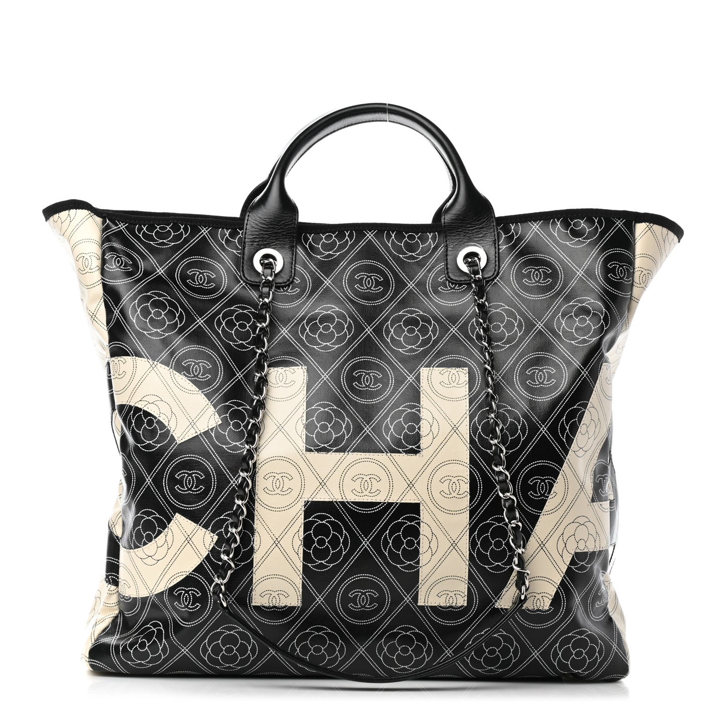 Coated Canvas Camellia Medium Shopping Tote Black Beige