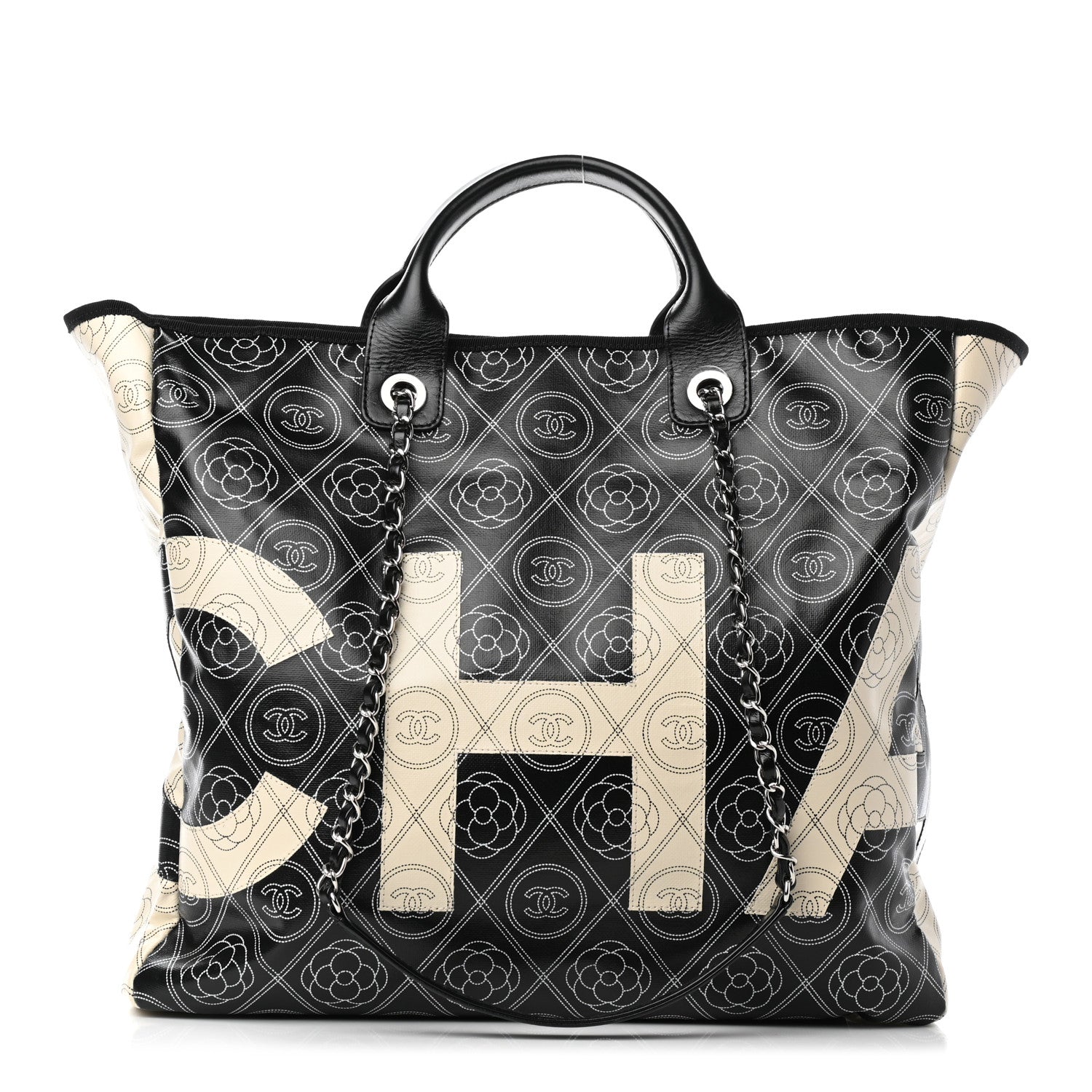 Chanel Coated Canvas Camellia Medium Shopping Tote Black Beige 1 of 10