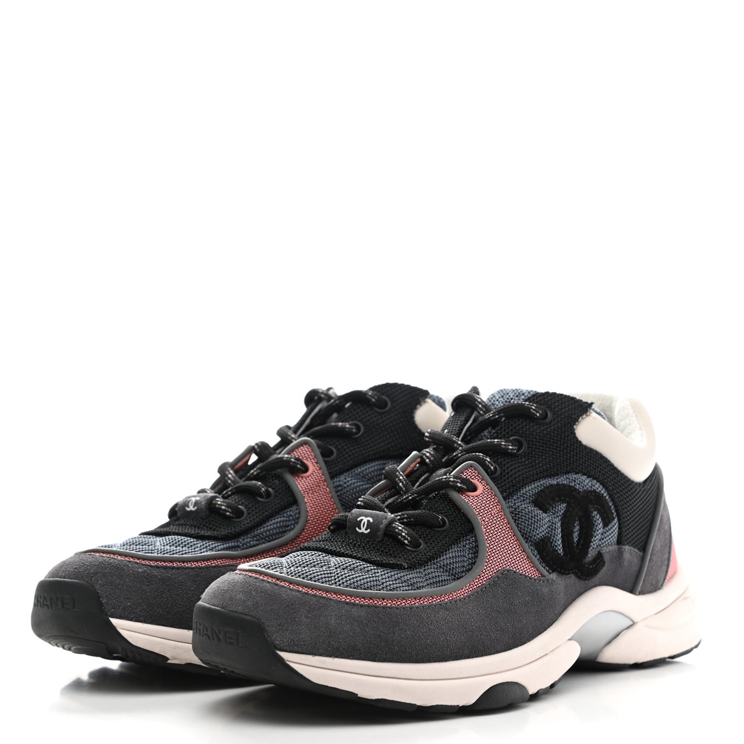 Mesh Suede Calfskin Womens CC Sneakers 39.5 Grey Pink