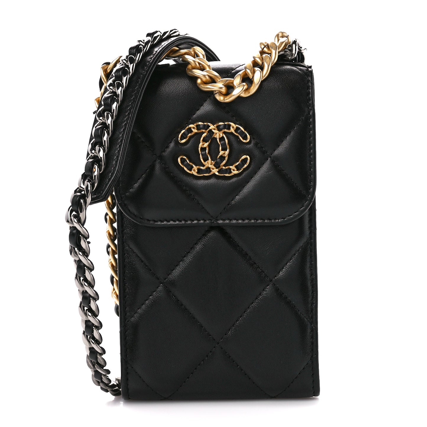 Lambskin Quilted Chanel 19 Phone Holder With Chain Black