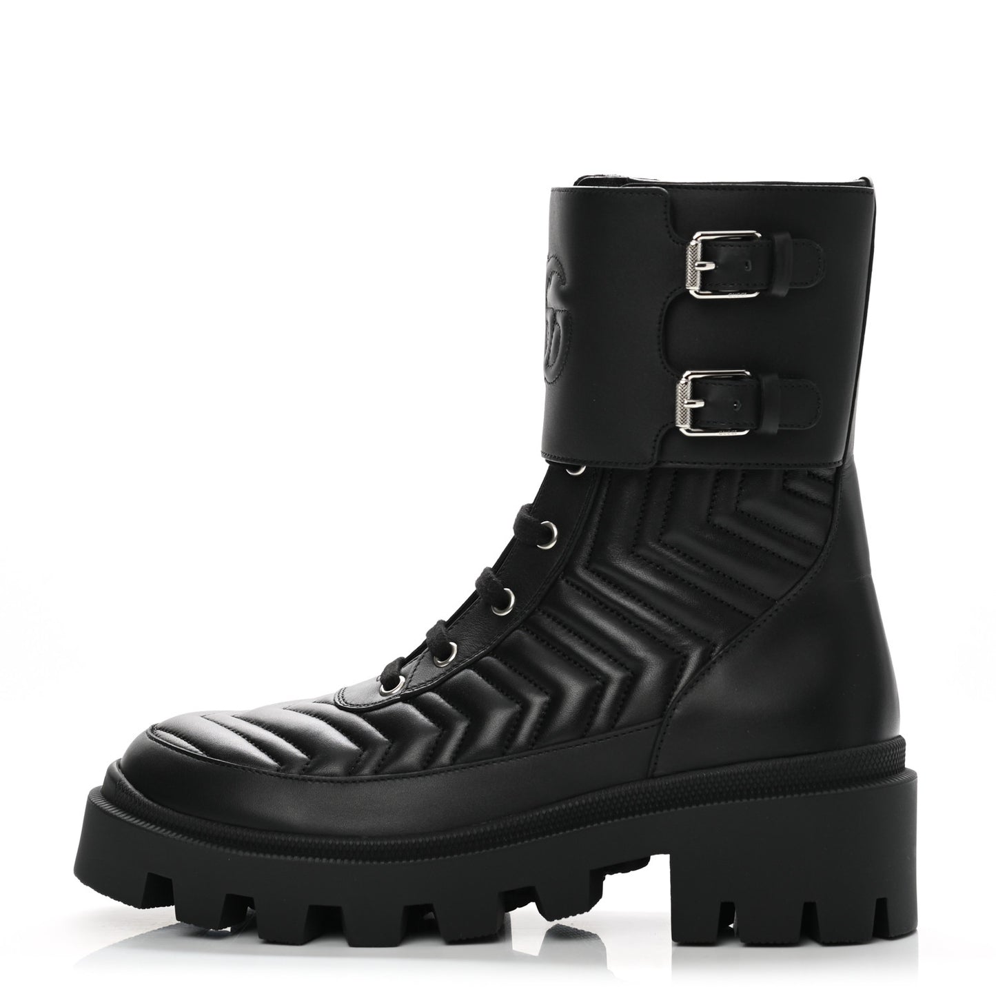 Nappa Frances GG Matelasse Platform Combat Boots 38.5 Black