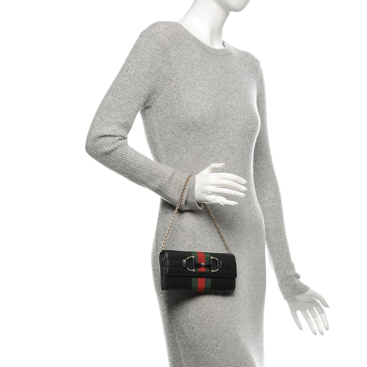 Calfskin Web Horsebit Chain Clutch Wallet Black